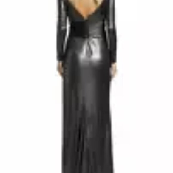 Rene Ruiz Collection Ruched Side Slit Patent Glitter Long-Sleeve Gown - Picture 4 of 9